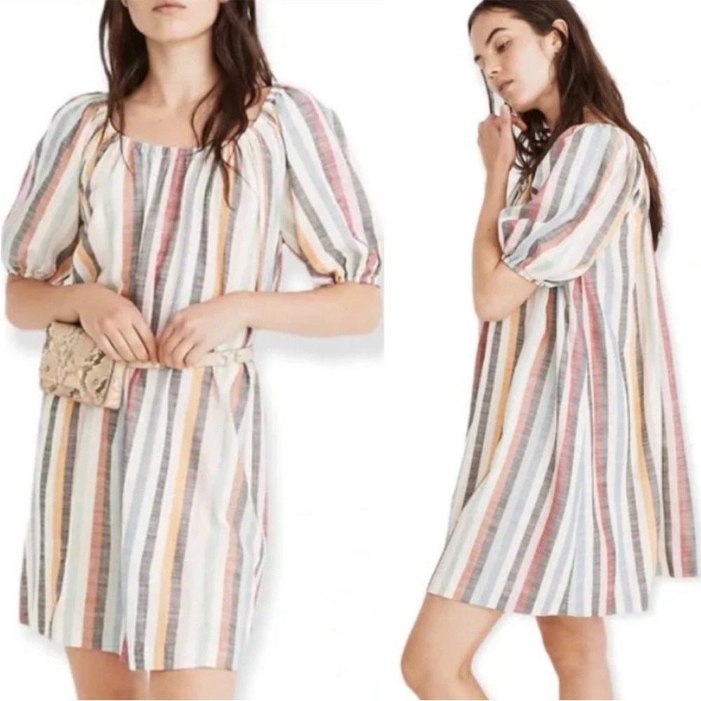 Madewell Multicolor Stripe Puff Sleeve Off Shoulder Dress